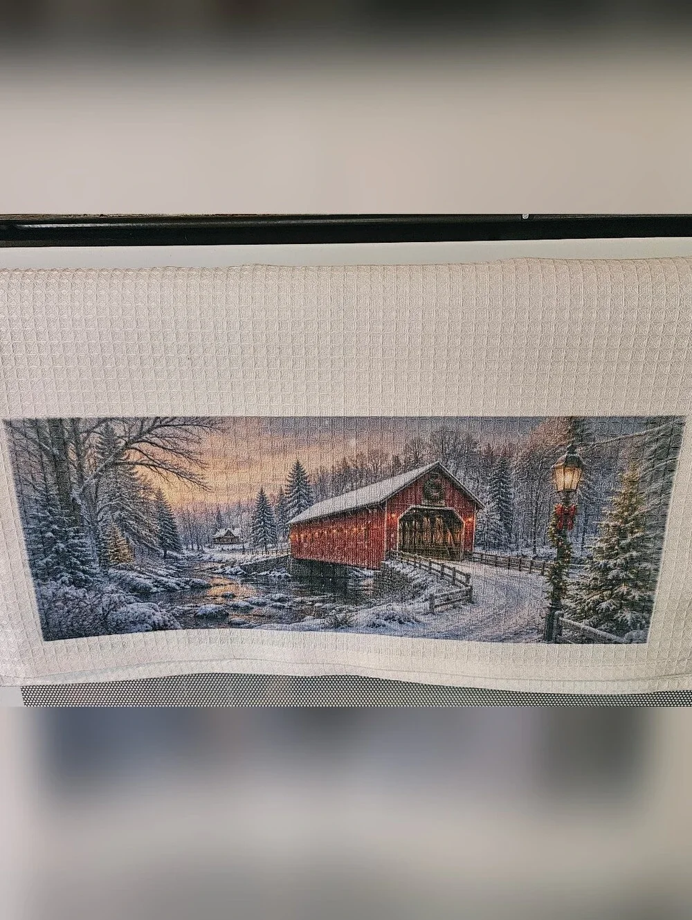 Hand Crafted White Kitchen Towel with Winter Scene Prints